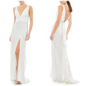 Mac Duggal Faux Wrap V-neck Thigh Slit White Cowl Back Bustle Tail Gown sz 6 NWT